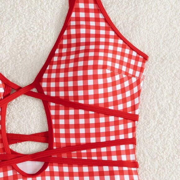 Multicolor Casual Women's V-Neck Plaid Tied Hollow Out One-Piece Suit - Picture 5 of 5